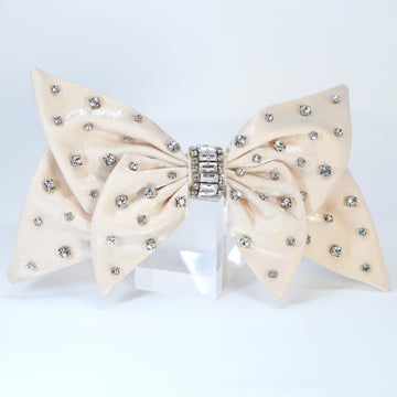 Beige Satin Bow With Rhinestones And Crystals Bridal French Hair Clip, Bridesmaid Gift, Wedding Hair Accessory, Large Hair Clip.
